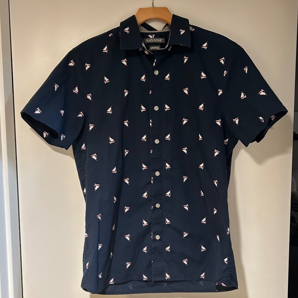 Savane stretch Navy Sailboat button up shirt